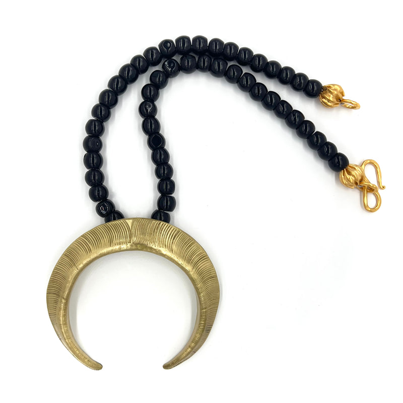 Boars Tusk Pendant Necklace - Tumbaga (Matte) on black onyx beads